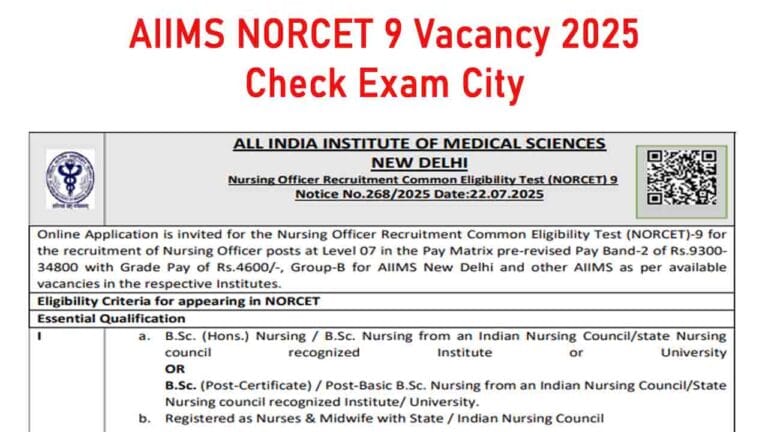 AIIMS NORCET 9 Exam City 2025
