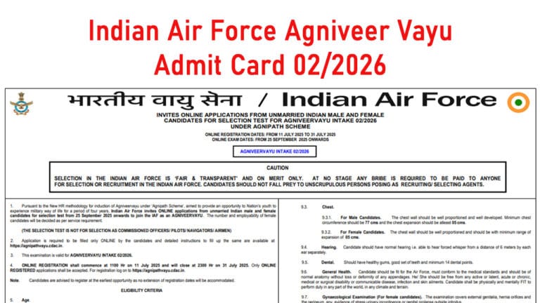 Indian Air Force Agniveer Vayu Admit Card 02/2026