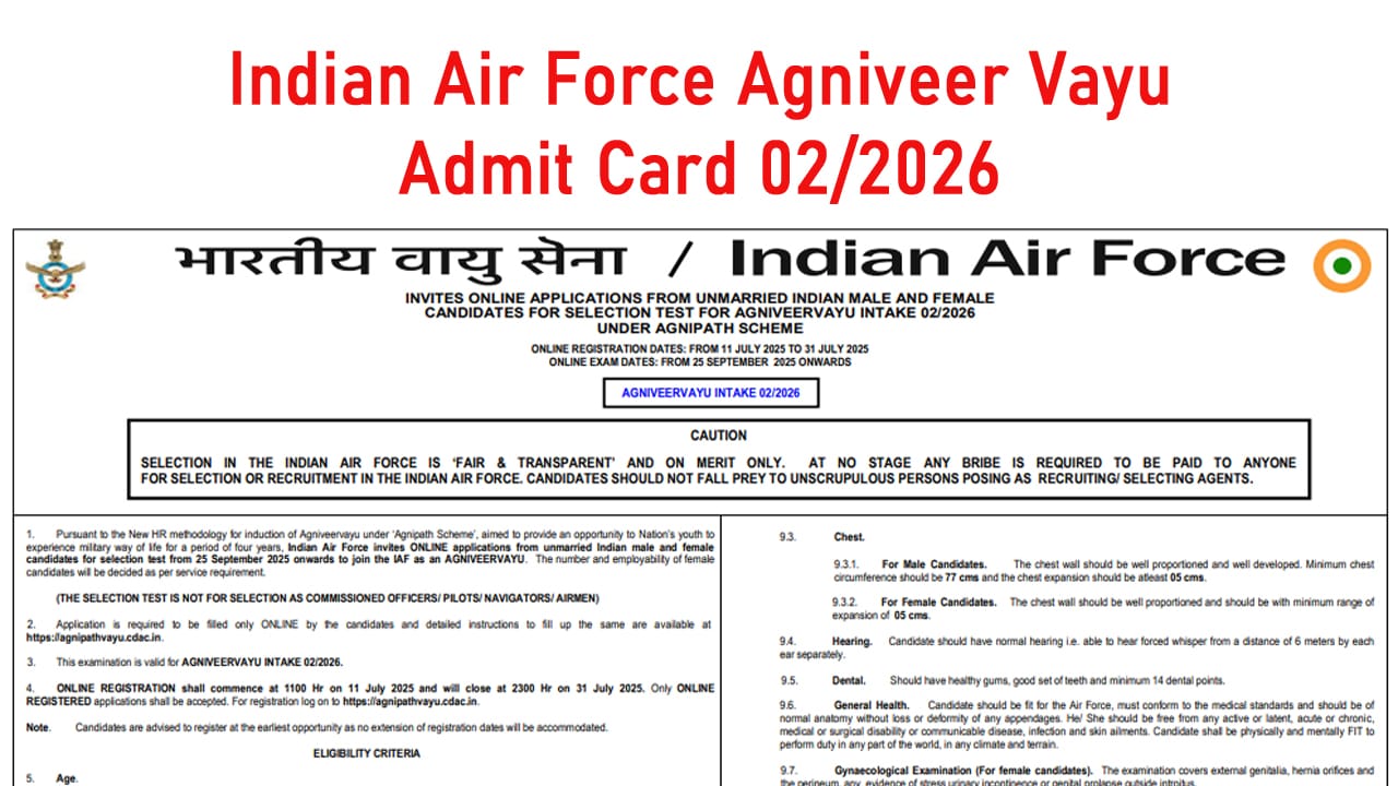Indian Air Force Agniveer Vayu Admit Card 02/2026