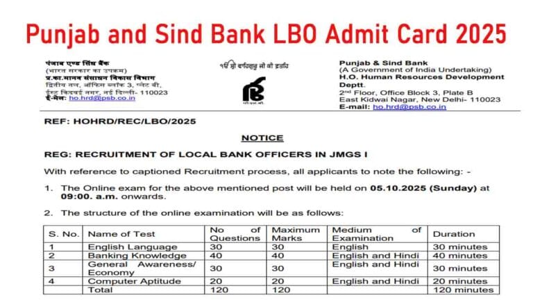 Punjab and Sind Bank LBO Admit Card 2025