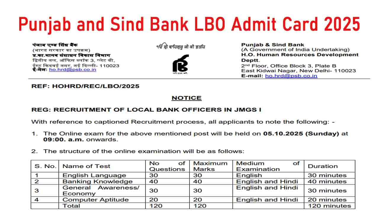 Punjab and Sind Bank LBO Admit Card 2025
