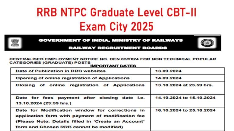 RRB NTPC Graduate Level CBT-II Exam City 2025