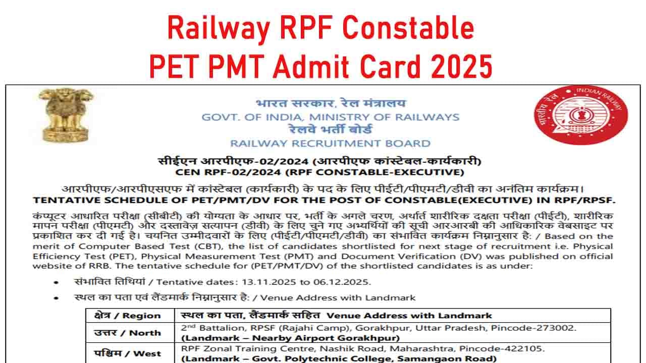 Railway RPF Constable PET PMT Admit Card 2025