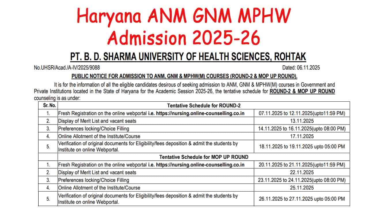 Haryana ANM GNM MPHW Admission 2025-26