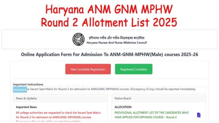 Haryana ANM GNM MPHW Round 2 Allotment List 2025