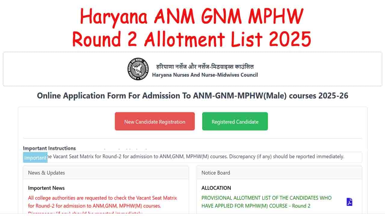 Haryana ANM GNM MPHW Round 2 Allotment List 2025