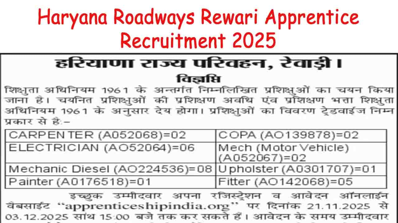 Haryana Roadways Rewari Apprentice Recruitment 2025