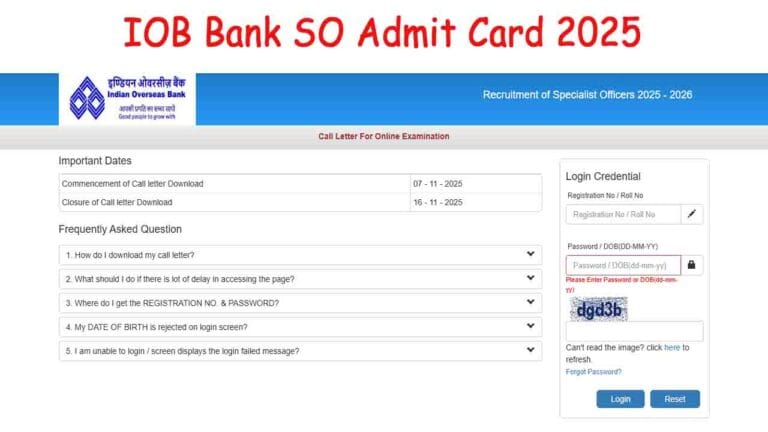 IOB Bank SO Admit Card 2025