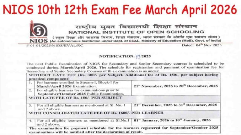 NIOS Class 10th and 12th Exam Fee March April 2026