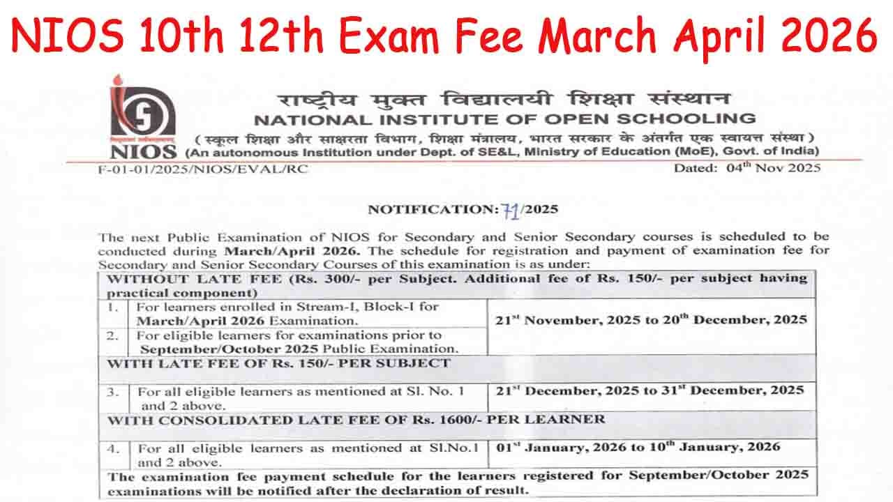 NIOS Class 10th and 12th Exam Fee March April 2026