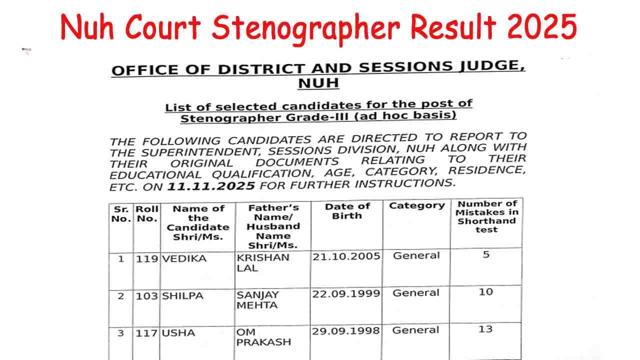 Nuh Court Stenographer Result 2025
