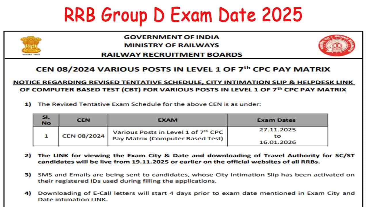 RRB Group D Exam Date 2025