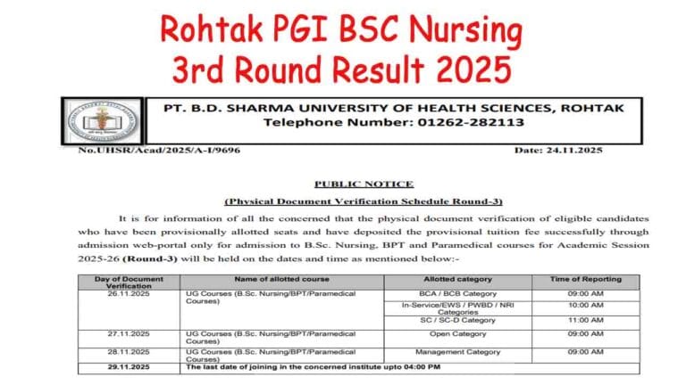 Rohtak PGI BSC Nursing 3rd Round Result 2025