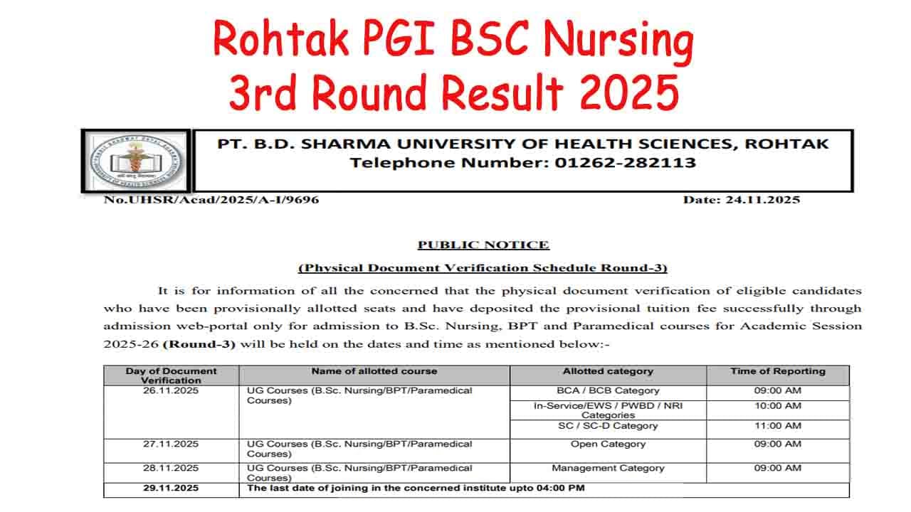 Rohtak PGI BSC Nursing 3rd Round Result 2025