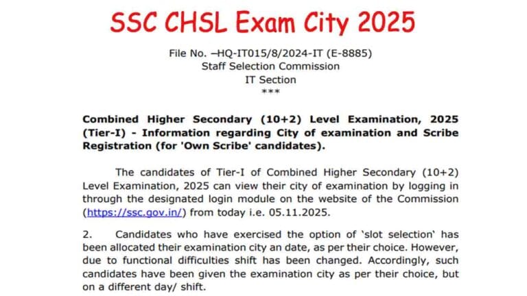 SSC CHSL Exam City 2025