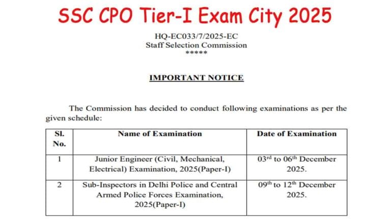 SSC CPO Tier-I Exam City 2025