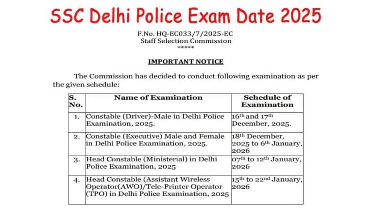SSC Delhi Police Exam Date 2025