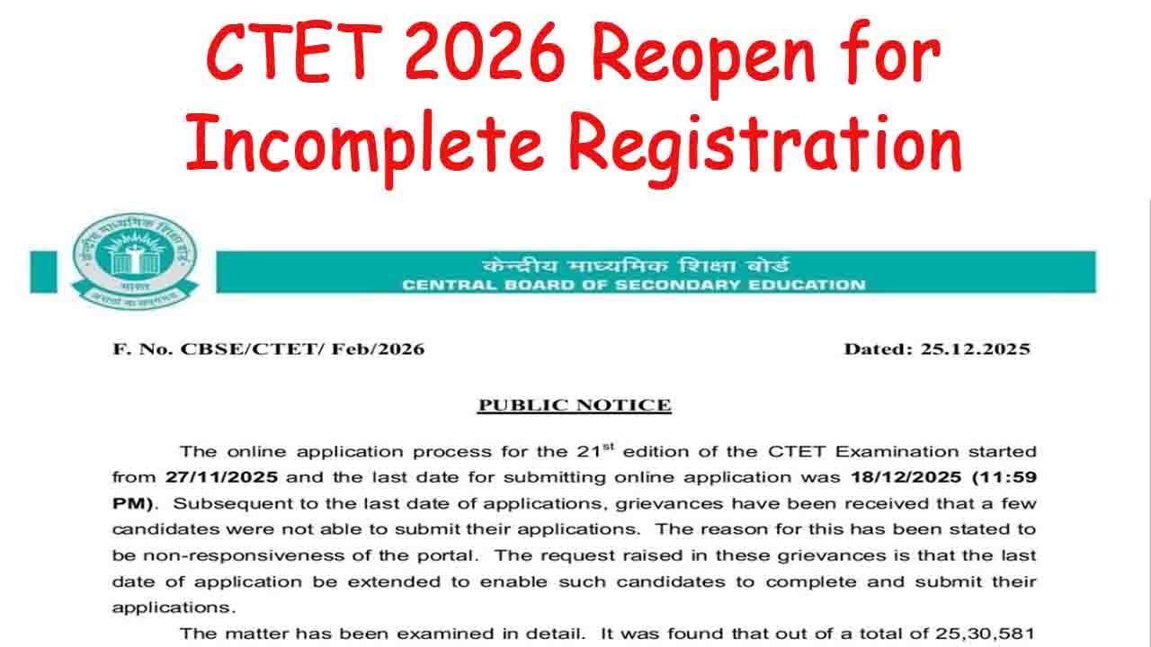 CTET 2026 Reopen for Incomplete Registration