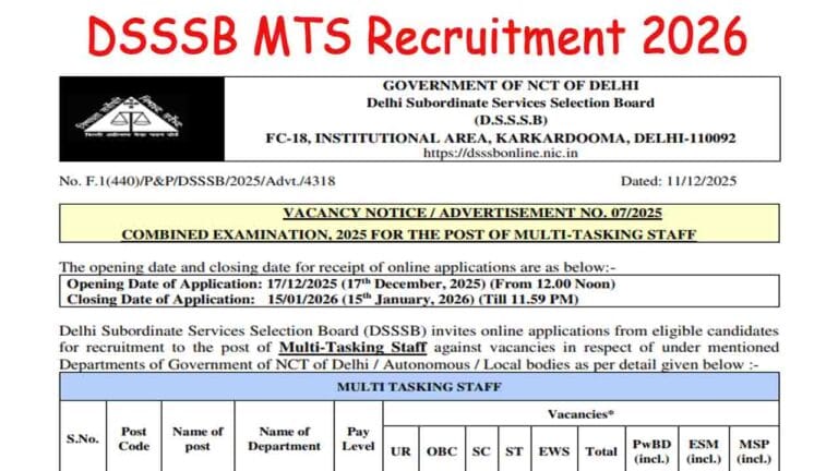 DSSSB MTS Recruitment 2026
