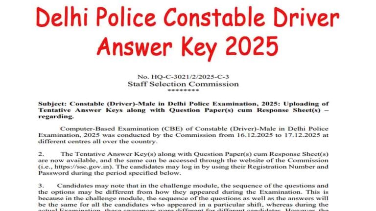 Delhi Police Constable Driver Answer Key 2025