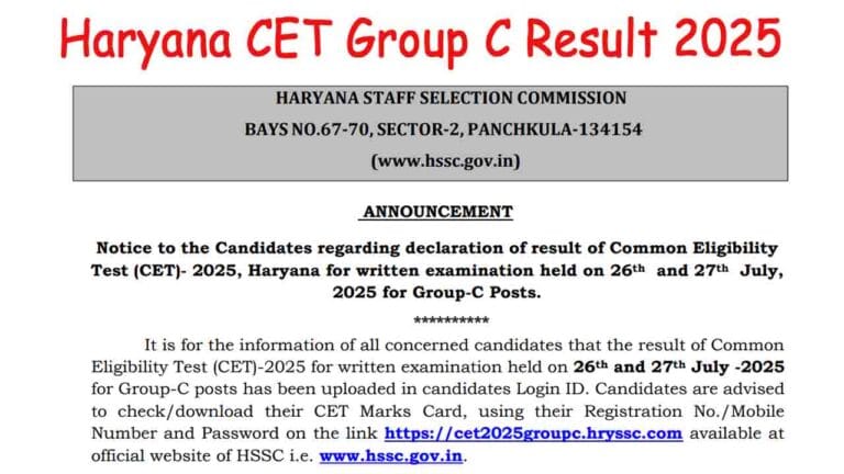 Haryana CET Group C Result 2025
