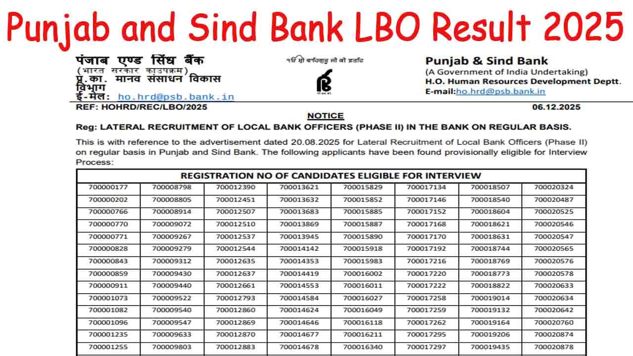 Punjab and Sind Bank LBO Result 2025