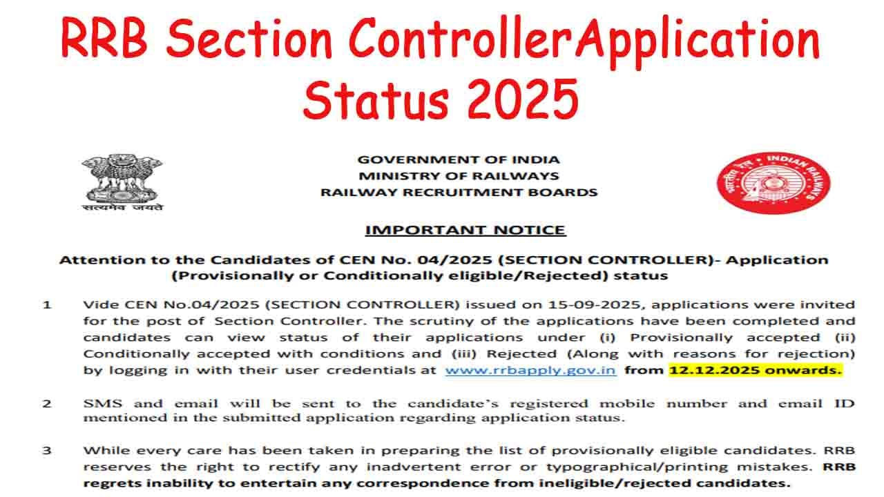 RRB Section Controller Application Status 2025