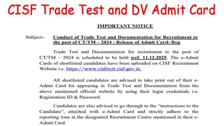 CISF Tradesmen Trade Test and DV Admit Card 2025