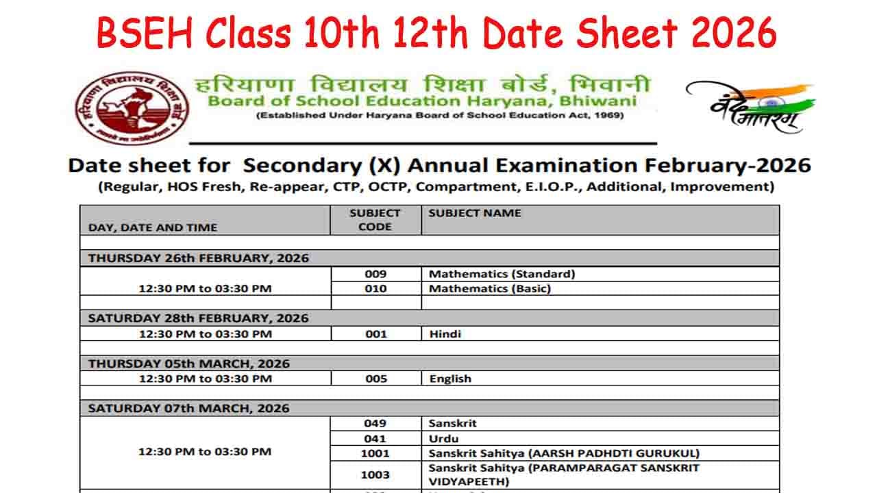BSEH Class 10th 12th Date Sheet 2026