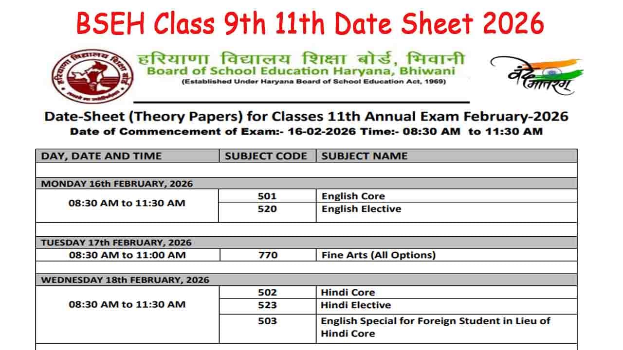 BSEH Class 9th 11th Date Sheet 2026