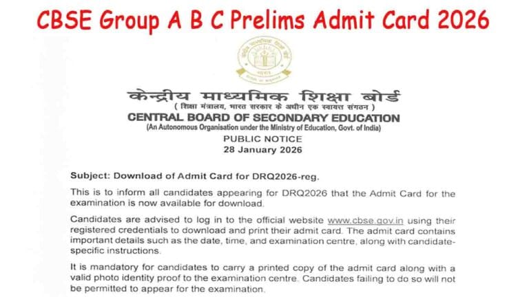 CBSE Group A B C Prelims Admit Card 2026
