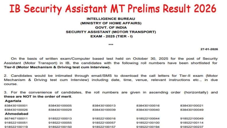 IB Security Assistant MT Prelims Result 2026