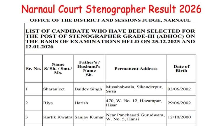 Narnaul Court Stenographer Result 2026