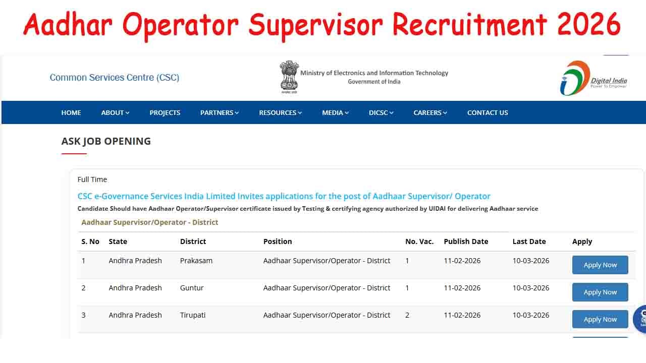 Aadhar Operator Supervisor Recruitment 2026