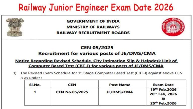 Railway Junior Engineer Exam Date 2026