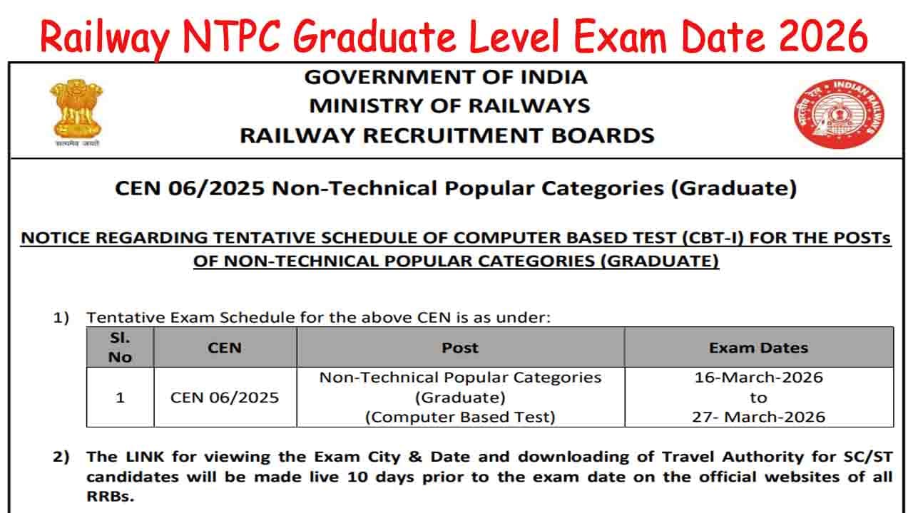 Railway NTPC Graduate Level Exam Date 2026