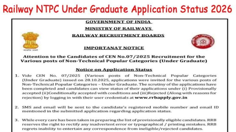 Railway NTPC Under Graduate Application Status 2026