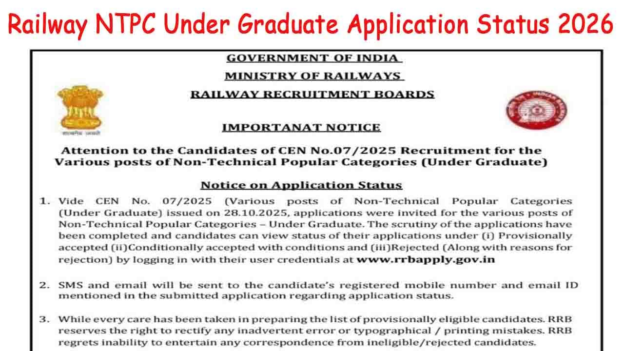 Railway NTPC Under Graduate Application Status 2026