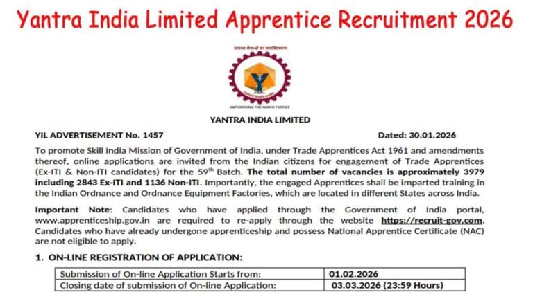 Yantra India Limited Apprentice Recruitment 2026