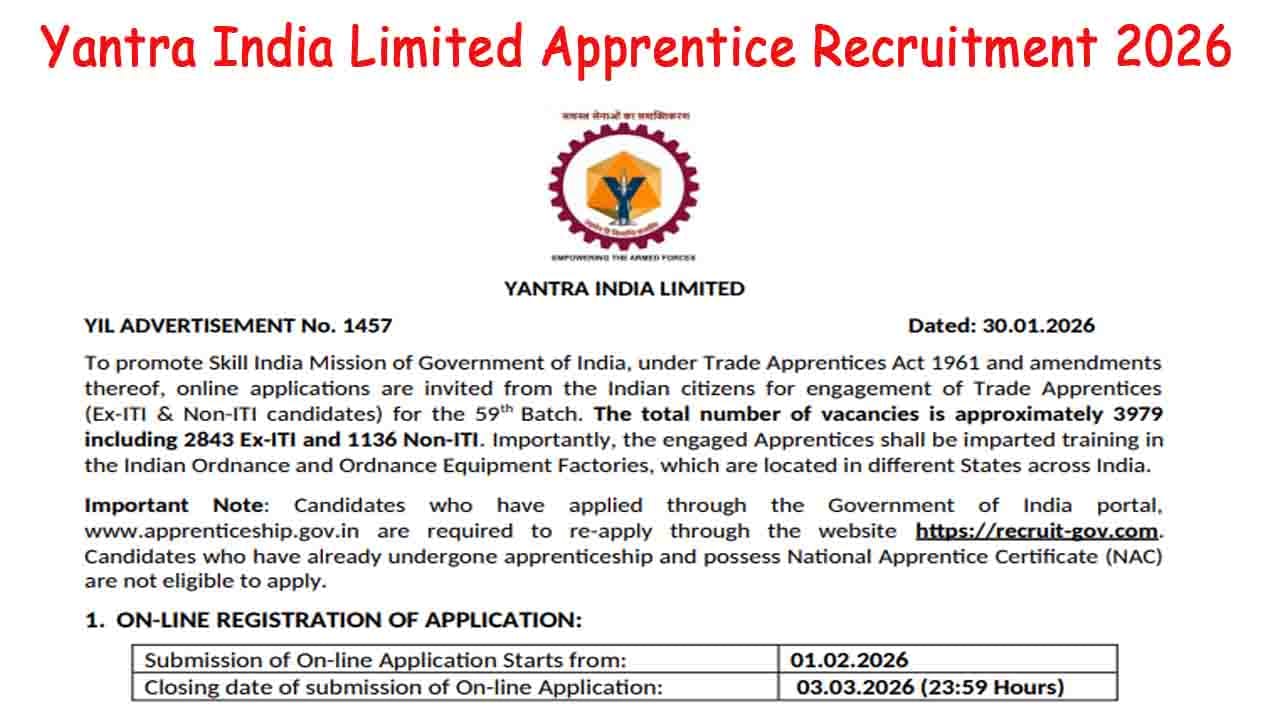 Yantra India Limited Apprentice Recruitment 2026