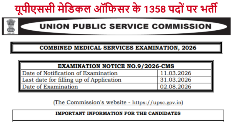 UPSC Combined Medical Services Recruitment 2026