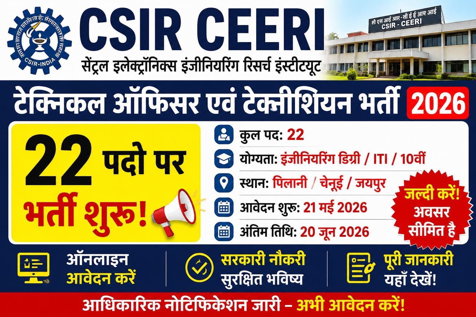 CSIR CEERI Technical Officer Technician Recruitment 2026
