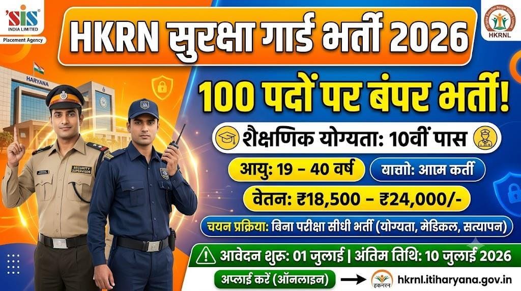HKRN Security Guard Recruitment 2026: हरियाणा कौशल रोजगार निगम लिमिटेड (HKRNL) द्वारा एसआईएस इंडिया लिमिटेड (SIS INDIA LIMITED) प्लेसमेंट एजेंसी के माध्यम से सिक्योरिटी गार्ड और सिक्योरिटी सुपरवाइजर के कुल 100 पदों पर भर्ती का नोटिफिकेशन जारी कर दिया गया है। इस भर्ती के लिए योग्य अभ्यर्थियों से ऑनलाइन मोड में आवेदन फॉर्म आमंत्रित किए गए हैं। HKRN सिक्योरिटी गार्ड भर्ती 2026 के लिए ऑनलाइन आवेदन 1 जुलाई 2026 से शुरू हो गए हैं और आवेदन करने की अंतिम तिथि 10 जुलाई 2026 रात 11:59 बजे तक निर्धारित की गई है। HKRN Security Guard Recruitment 2026 Overview Recruitment OrganizationHaryana Kaushal Rozgar Nigam Limited (HKRNL)Placement AgencySIS INDIA LIMITEDPost NameSecurity Guard & Security SupervisorVacancies100 PostsSalary/ Pay Scale₹18,500 to ₹24,000/- per monthJob LocationAll IndiaMode of ApplyOnlineApplication Form Dates01 July to 10 July 2026Official Websitehkrnl.itiaryor.gov.in (या आधिकारिक पोर्टल) HKRN Security Guard Recruitment 2026 Vacancy Details हरियाणा कौशल रोजगार निगम द्वारा सिक्योरिटी गार्ड और सिक्योरिटी सुपरवाइजर के कुल 100 पदों पर योग्य उम्मीदवारों की नियुक्ति की जाएगी। Post NameVacancySecurity Guard and Security Supervisor100Total100 HKRN Security Guard Recruitment 2026 Important Dates HKRN सिक्योरिटी गार्ड भर्ती 2026 का आधिकारिक नोटिफिकेशन 1 जुलाई 2026 को जारी कर दिया गया है। इस भर्ती के लिए ऑनलाइन आवेदन प्रक्रिया भी 1 जुलाई 2026 से शुरू हो चुकी है और आवेदन करने की अंतिम तिथि 10 जुलाई 2026 रात 11:59 बजे तक है। EventDateNotification Release Date01 July 2026Online Application Start Date01 July 2026Last Date to Apply10 July 2026 (11:59 PM) HKRN Security Guard Recruitment 2026 Application Fee इस भर्ती की सबसे अच्छी बात यह है कि इसमें सभी वर्गों के लिए कोई आवेदन शुल्क नहीं रखा गया है। सभी उम्मीदवार इसके लिए बिल्कुल मुफ्त में आवेदन कर सकते हैं। CategoryApplication FeeAll Category Candidates₹0/- (No Fees)Payment ModeN/A HKRN Security Guard Recruitment 2026 Age Limit HKRN सिक्योरिटी गार्ड और सुपरवाइजर पद के लिए न्यूनतम आयु 19 वर्ष और अधिकतम आयु 40 वर्ष निर्धारित की गई है। आयु सीमा: 19 से 40 वर्ष HKRN Security Guard Recruitment 2026 Educational Qualification इस भर्ती के लिए शैक्षणिक योग्यता बेहद साधारण रखी गई है ताकि अधिक से अधिक युवाओं को रोजगार का अवसर मिल सके। Post NameVacancyQualificationSecurity Guard & Supervisor10010th Class Passed (10वीं पास) Physical Eligibility Details (शारीरिक योग्यता) उम्मीदवारों को निम्नलिखित शारीरिक मानकों को पूरा करना आवश्यक है: Height (न्यूनतम लंबाई): 168 CM Weight (वजन): 54 से 95 Kg के बीच Chest (सीना): 80-85 CM HKRN Security Guard Recruitment 2026 Selection Process इस भर्ती में अभ्यर्थियों का चयन बिना किसी लिखित परीक्षा के सीधा किया जाएगा। चयन प्रक्रिया निम्नलिखित चरणों के आधार पर की जाएगी: Merit List (योग्यता/मेरिट सूची) Medical Examination (चिकित्सा परीक्षण) Document Verification (दस्तावेज सत्यापन) How to Apply HKRN Security Guard Recruitment 2026 सबसे पहले अभ्यर्थी को हरियाणा कौशल रोजगार निगम (HKRN) की आधिकारिक वेबसाइट पर जाना होगा। इसके बाद होम पेज पर जॉब एडवरटाइजमेंट सेक्शन में जाकर Security Guard Recruitment 2026 के लिंक पर क्लिक करें। भर्ती का आधिकारिक नोटिफिकेशन डाउनलोड करके सभी दिशा-निर्देश ध्यानपूर्वक पढ़ लें। इसके बाद "Apply Now" लिंक पर क्लिक करके अपनी आवश्यक डिटेल्स (जैसे Family ID आदि) के जरिए लॉगिन/रजिस्ट्रेशन करें। आवेदन फॉर्म में पूछी गई सभी जानकारी सही-सही भरें। अपने आवश्यक दस्तावेज जैसे 10वीं की मार्कशीट, फोटो और सिग्नेचर अपलोड करें। चूंकि आवेदन शुल्क शून्य है, इसलिए सीधे फॉर्म को फाइनल सबमिट करें। अंत में आवेदन फॉर्म का एक प्रिंटआउट निकालकर अपने पास सुरक्षित रख लें। HKRN Security Guard Recruitment 2026 Important Links Start HKRN Security Guard Form01 July 2026Last Date Online Application Form10 July 2026Apply Online LinkClick HereOfficial NotificationDownload PdfOfficial Websitehkrnl.itiharyana.gov.inCheck Job Updatesiharyana.in