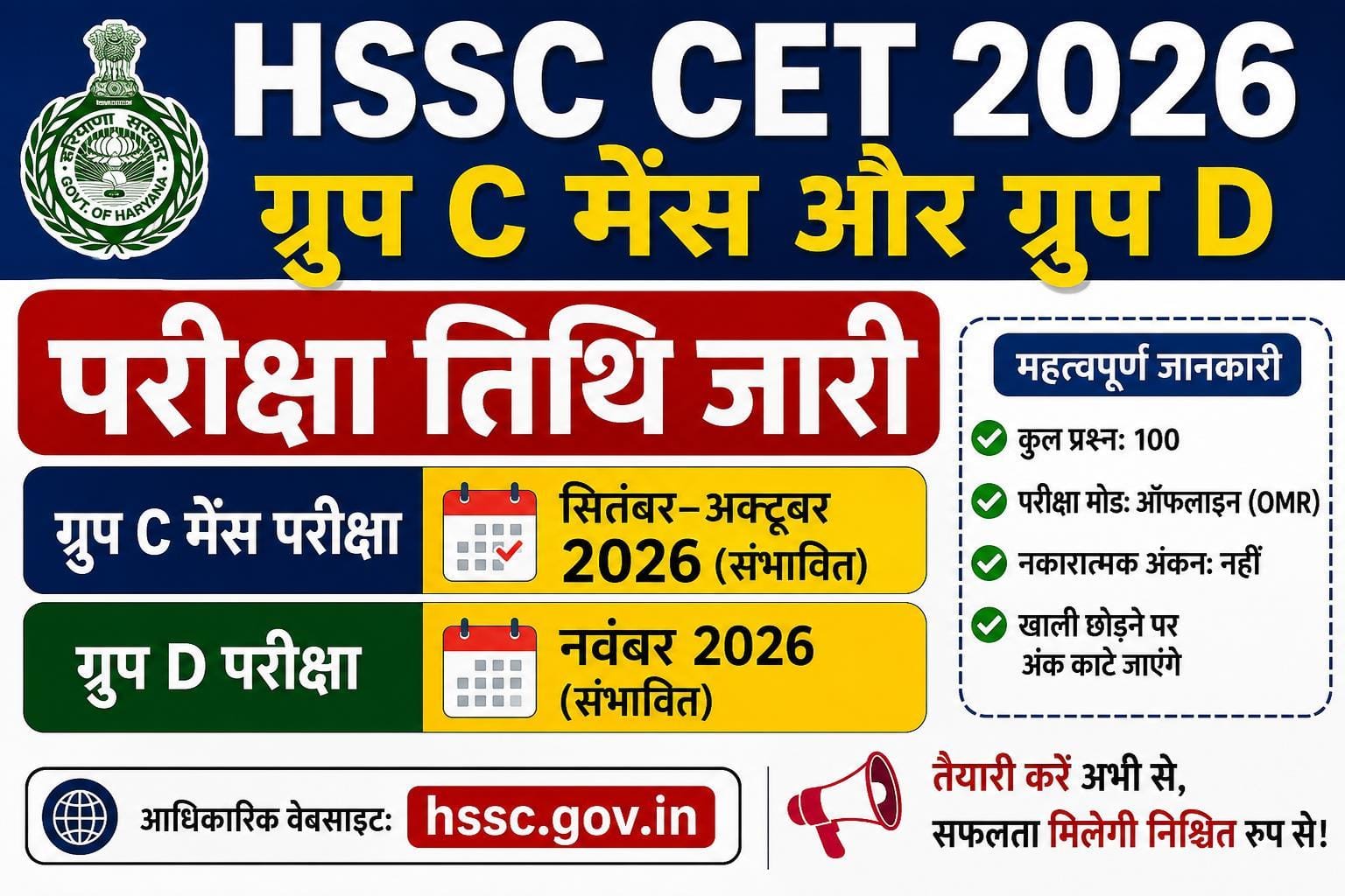 HSSC CET Group C Mains and Group D Exam Date 2026