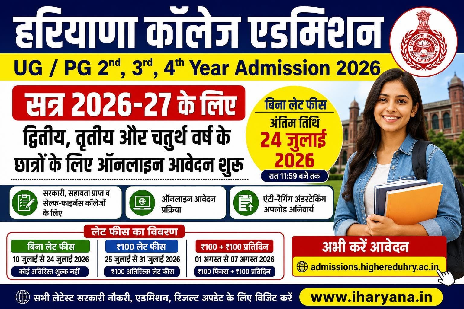 Haryana UG PG 2nd 3rd 4th Year Admission 2026