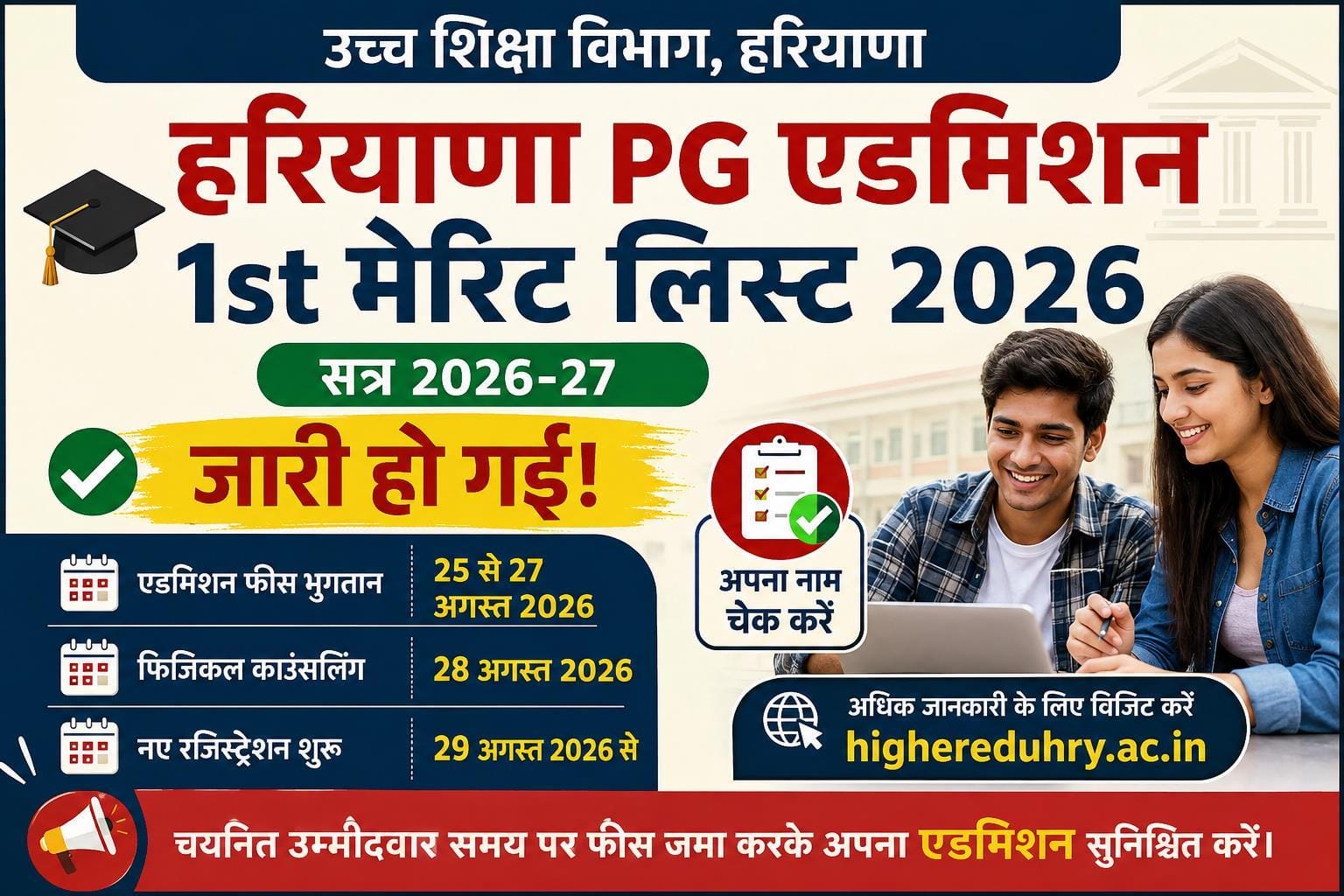 Haryana PG Admission 1st Merit List 2026