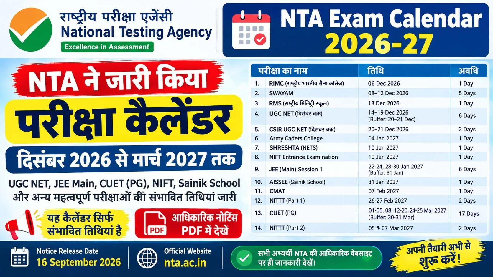 NTA Exam Calendar 2026-27
